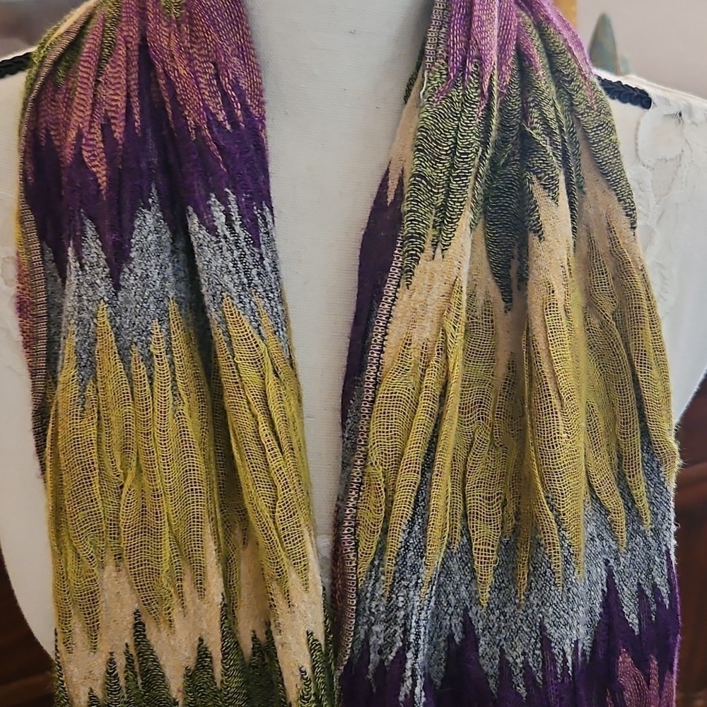 Vintage Purple and Green Multi-color Open Weave Crinkle Fringe Scarf - Picture 4 of 9